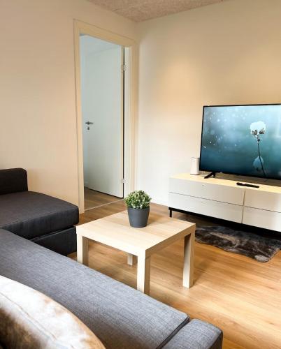 a living room with a large flat screen tv at Lovely Billund Apartment by KIRIJA in Billund