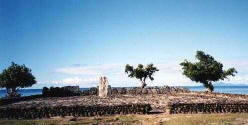 a stone wall with trees on top of it at VILLA DE LA BAIE RAIATEA - Bord de mer in Uturoa