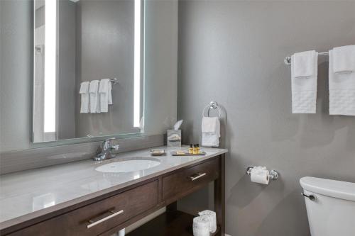 a bathroom with a sink and a mirror and a toilet at Best Western Plus Saint Peter in Saint Peter
