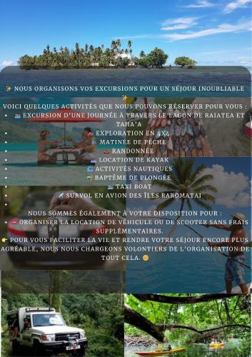 a collage of photos of a car and a sign at Painapoo - Mirimiri Lodge in Tevaitoa