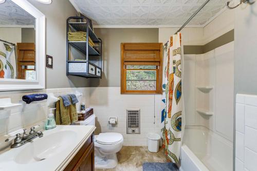 a bathroom with a sink and a toilet and a tub at Sylva Riverfront Cabin Near WCU Pet-Friendly! in Sylva