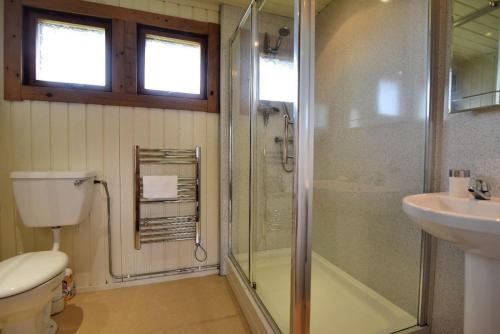 a bathroom with a shower and a toilet and a sink at 10 Pinewood Retreat in Lyme Regis