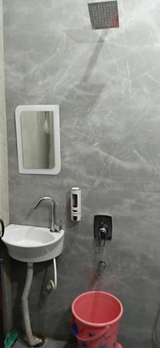 a bathroom with a sink and a mirror and a bucket at Hotel Ramayanam palace in Ayodhya