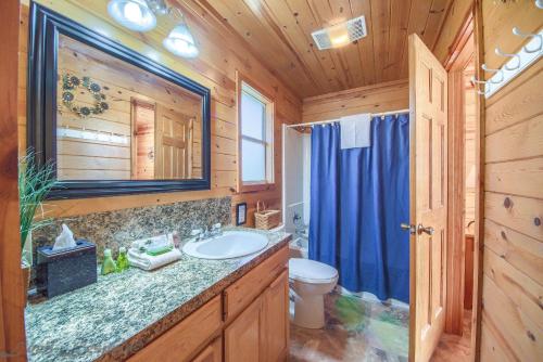 a bathroom with a sink and a toilet in a log cabin at RR 9122SF Sunflower Cabin in Canyon Lake
