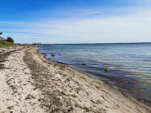 a sandy beach with rocks in the water at Cozy Summer House Near Ore Strand in Vordingborg