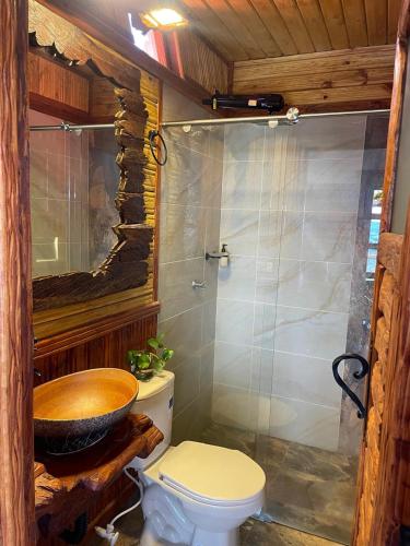 a bathroom with a toilet and a shower and a sink at Glamping Montesereno in El Peñol