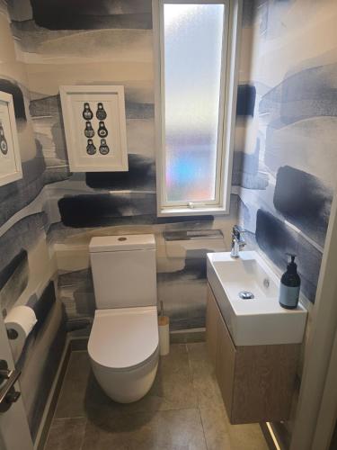 a bathroom with a toilet and a sink and a window at The Bluffs Villa in Queenstown