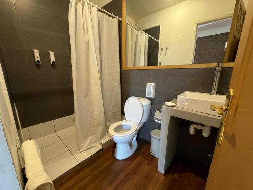 a bathroom with a toilet and a sink and a shower at Hotel Casa Lyon in Santiago