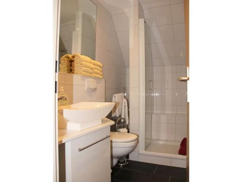 a bathroom with a sink and a toilet and a shower at One-bedroom apartment in Borkum