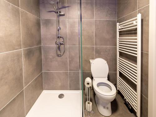 a bathroom with a toilet and a shower at Duplex Apartment in the shopping street of Maasmechelen in Maasmechelen