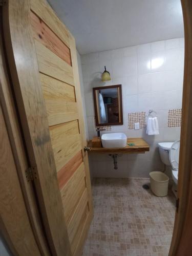 a bathroom with a toilet and a sink and a door at Cabaña La Hacienda 1 in Mineral del Chico