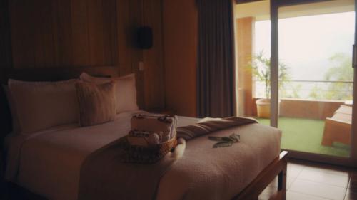 a hotel room with a bed and a window at Vibra Healing Lodge y Spa in Teniente Hugo Ortiz