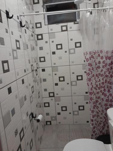 a bathroom with a toilet and a shower at Pousada Baden Baden in Blumenau