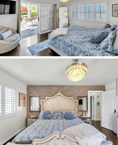 1 dormitorio con 1 cama extragrande y lámpara de araña en Woodland Hills Mediterranean Mansion Peaceful Garden Dream, en Woodland Hills