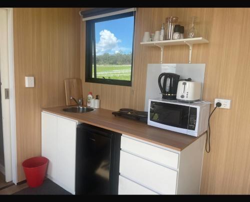 a kitchen with a counter with a microwave and a sink at Great little cabin on large horse farm in Glenworth Valley
