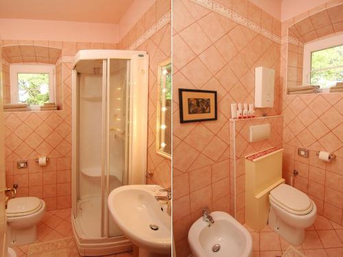 two pictures of a bathroom with a toilet and a sink at Villa in Čilipi near Dubrovnik with Pool in Čilipi