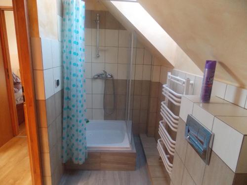 a bathroom with a shower and a bath tub at Mazury Home in Giżycko
