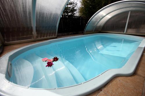 a hot tub with flowers in it in a backyard at Penzion Alfa in Železná Ruda
