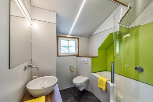 baño con lavabo y aseo y ventana en Hof Mazenau, en Appenzell