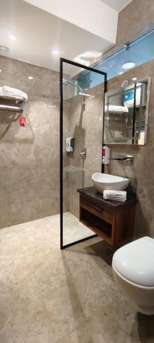 a bathroom with a toilet and a sink at Hotel Premjees Paradise in Solan