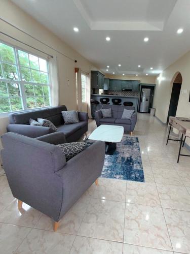 a living room with couches and a table and a kitchen at Bliss Oasis Hideaway in Buccoo
