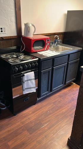 a kitchen with a stove and a sink and a microwave at Grand House in Chicago