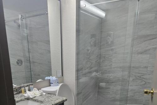 a bathroom with a shower with a toilet and a sink at Days Inn & Suites by Wyndham Tampa/Raymond James Stadium in Tampa