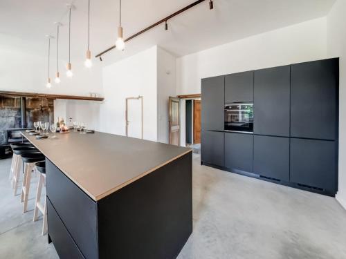 a kitchen with black cabinets and a large island at Castle in Ferrières with Pond Garden in Ferrières