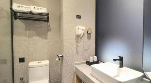 a bathroom with a toilet and a sink and a phone at GreenTree Inn Ganzhou Gan County Bus Station in Ganzhou