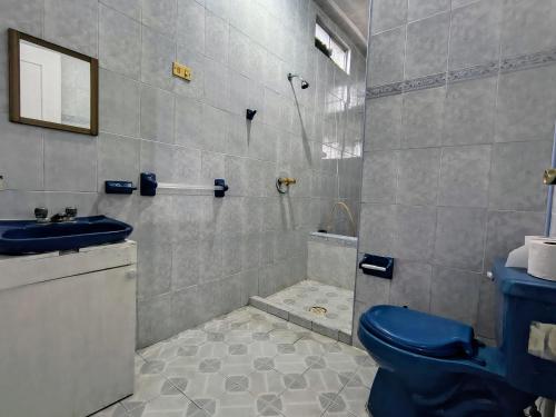 a bathroom with a blue toilet and a sink at Cali Rooms BCS in La Paz