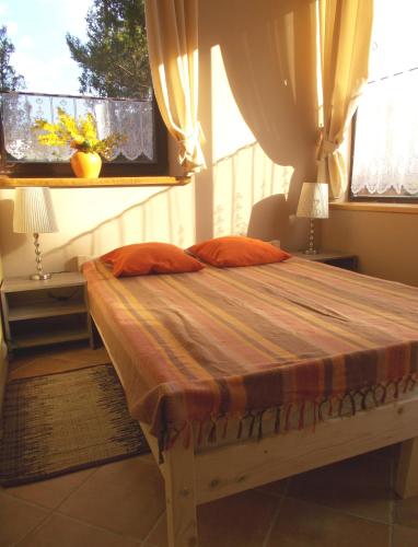a bedroom with a bed in a room with windows at Apartament Poddąbie - basen, kort tenisowy, parking in Poddąbie