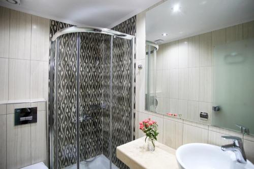 a bathroom with a shower with a sink and a mirror at Kochili Seashell Apartments in Siviri
