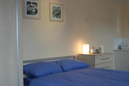 a bedroom with a blue bed and a night stand at Athol House in South Shields