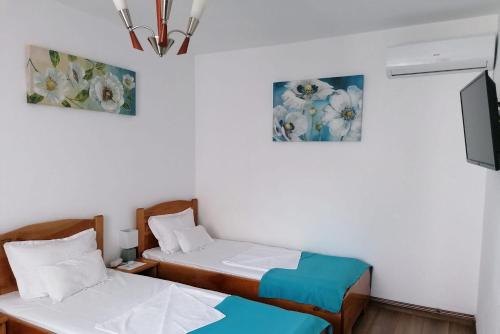 two beds in a room with two pictures on the wall at Cazare Stefan in Curtea de Argeş
