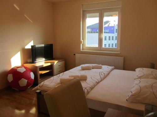 Schlafzimmer mit einem Bett, einem TV und einem Fenster in der Unterkunft Apartment Domi Kvatric in Zagreb