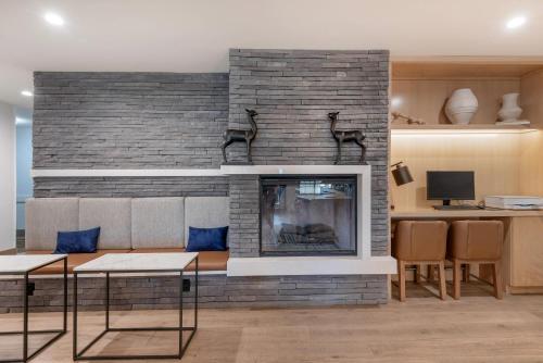 a living room with a fireplace in front of it at Comfort Inn & Suites Carbondale on the Roaring Fork in Carbondale