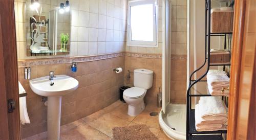 a bathroom with a toilet and a sink and a shower at Villa Oliva Fuerteventura in Tuineje
