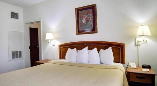 a hotel room with a large bed with white pillows at Quality Inn & Suites Airport in Austin