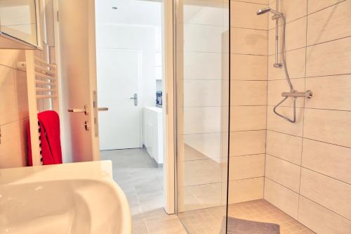 a bathroom with a shower and a sink at Ferienhaus Friedrichsmilde in Arendsee