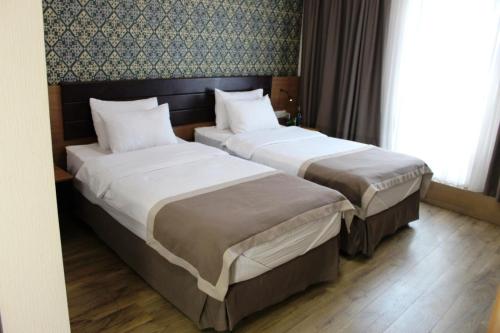 two beds in a hotel room next to a window at Hotel Panorama Gareji in Sagarejo
