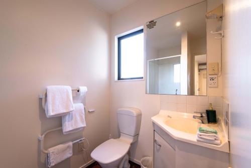 a bathroom with a toilet and a sink and a mirror at 298 Westside Motor Lodge in Christchurch