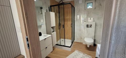 a bathroom with a shower and a toilet in it at Domek KAMA in Giżycko