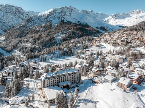 an aerial view of a ski resort in the snow at Hotel Altein Arosa, a Faern Collection Resort in Arosa
