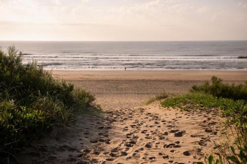 a path to the beach with footprints in the sand at Terrazas Ostende - Apart Hotel in Ostende