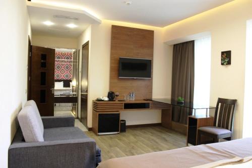 a hotel room with a bed and a tv and a couch at Hotel Panorama Gareji in Sagarejo