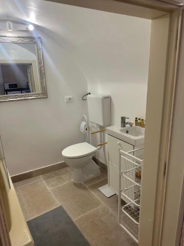 une salle de bain avec toilettes, lavabo et miroir dans l'établissement Casa Clemence, à Ceglie Messapica