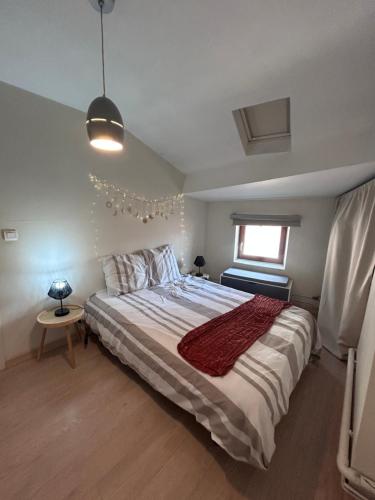 a bedroom with a large bed and a window at Terre lyonnaise à l Arbresle in Éveux