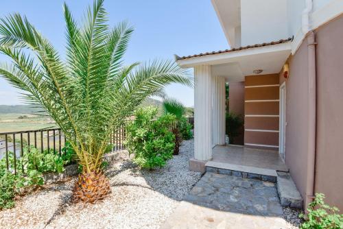 a palm tree in front of a house at Villa Maya The Royal Links Sarigerme in Sarigerme
