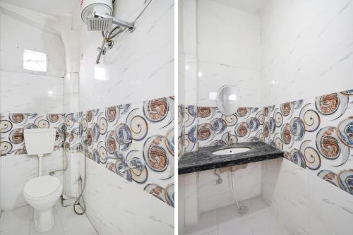 two pictures of a bathroom with a toilet and a sink at SPOT ON M L Paying Guest House in Rāmnagar