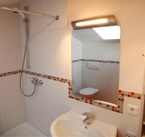 a bathroom with a shower and a sink and a mirror at Kapellenweg mit Hochschwarzwald-Card in Titisee-Neustadt